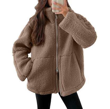 Dames Fleece Jas Warm en Stijlvol met Hoge Kraag en Zakken