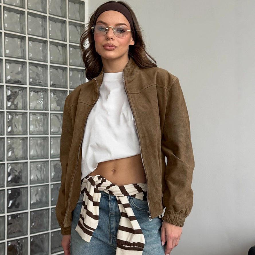 Dames Faux Suede Bomberjas Vintage Look met Opstaande Kraag - Mode Vibes