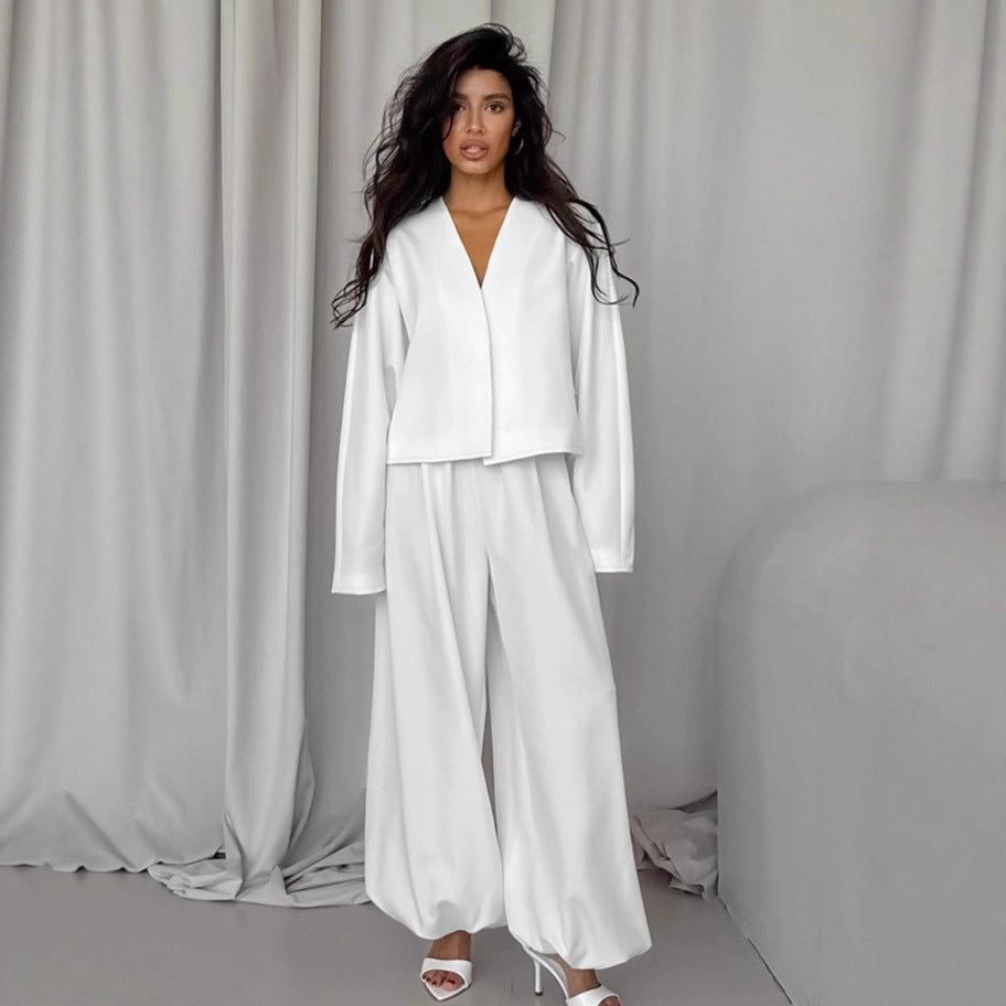 Dames Tweedelige Set met Wijde Broek en Blazer Modern Design - Mode Vibes
