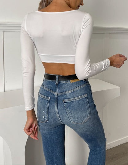 Dames Korte Top met Trekkoord en Diepe Halslijn Trendy Aansluitend