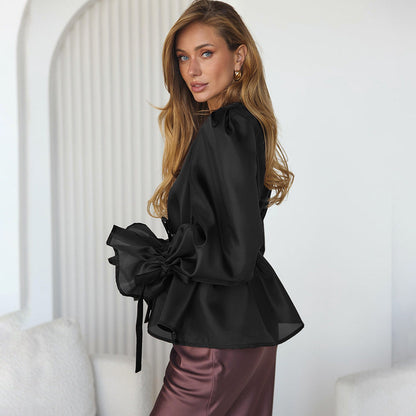 Dames Blouse met Strikceintuur en Wijde Mouwen Elegante Stijl