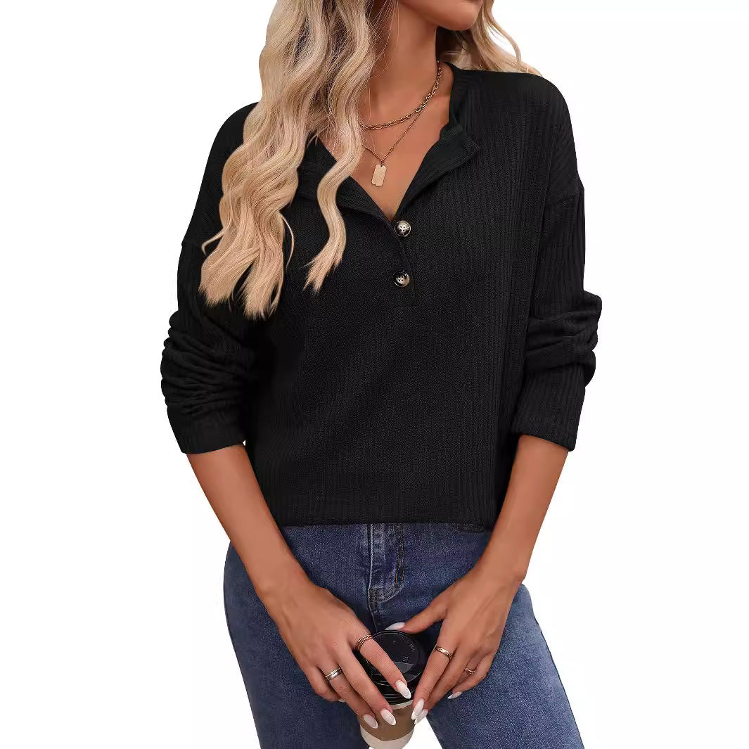Dames Top Geribd Lange Mouwen met Knopen - Basic Trendy
