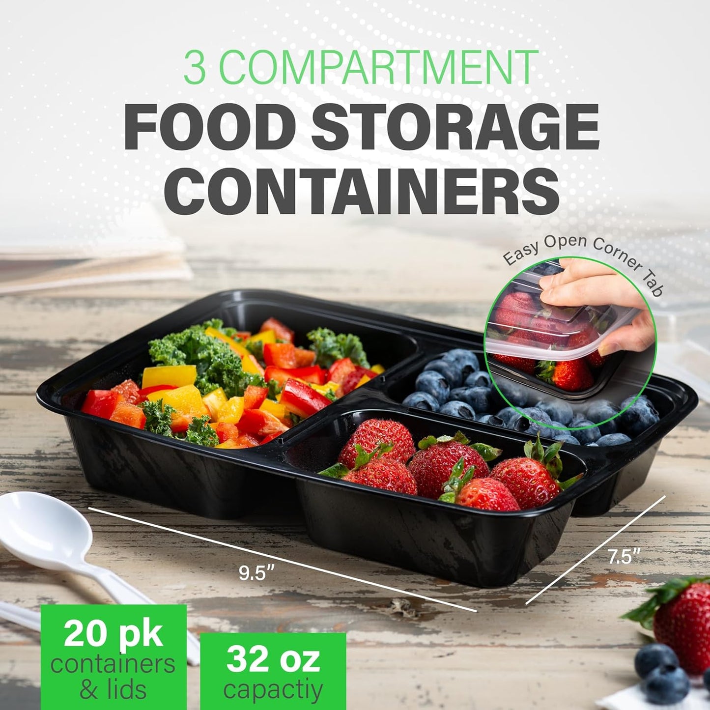 Maaltijdprep Dozen 3 Compartimenten 900ml met Deksel - 20 Stuks Bento Dozen Set