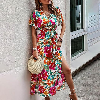 Vrouwelijke Jurk met Ceintuur Tropische Print Hoge Taille