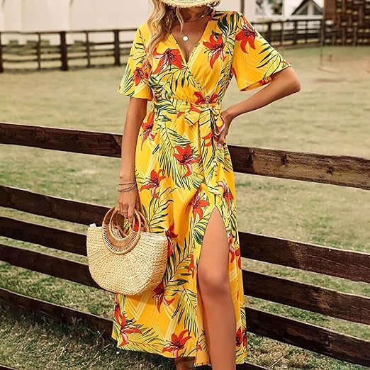 Vrouwelijke Jurk met Ceintuur Tropische Print Hoge Taille