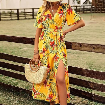 Vrouwelijke Jurk met Ceintuur Tropische Print Hoge Taille