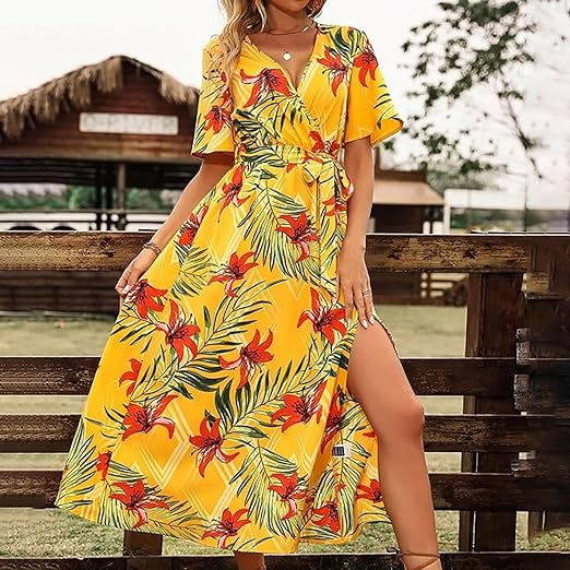Vrouwelijke Jurk met Ceintuur Tropische Print Hoge Taille