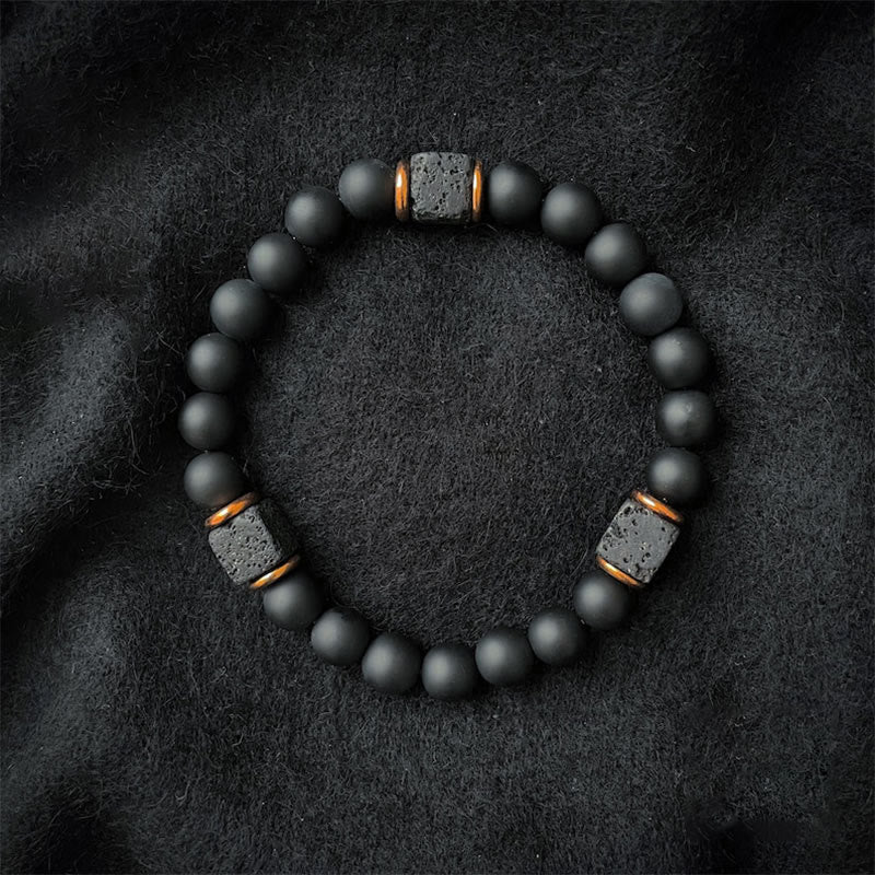Kubus Armband met Mat Zwart Onyx en Lavasteen Edelsteen