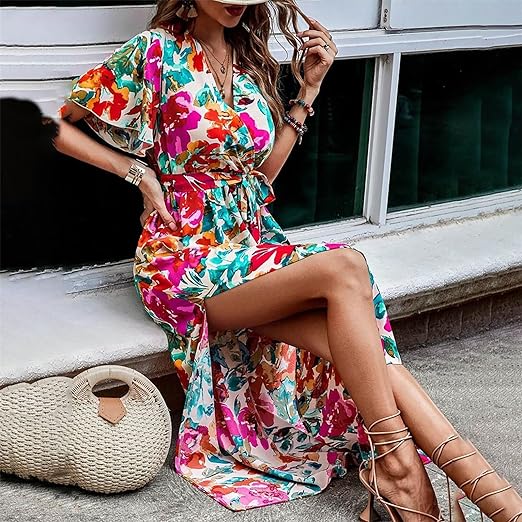 Vrouwelijke Jurk met Ceintuur Tropische Print Hoge Taille