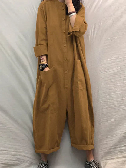 Lange Mouwen Jumpsuit van Katoen en Linnen Zomerjurk