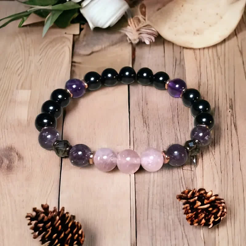 Rozenkwarts Armband met Obsidiaan en Amethist Edelstenen - Mode Vibes