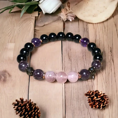 Rozenkwarts Armband met Obsidiaan en Amethist Edelstenen - Mode Vibes