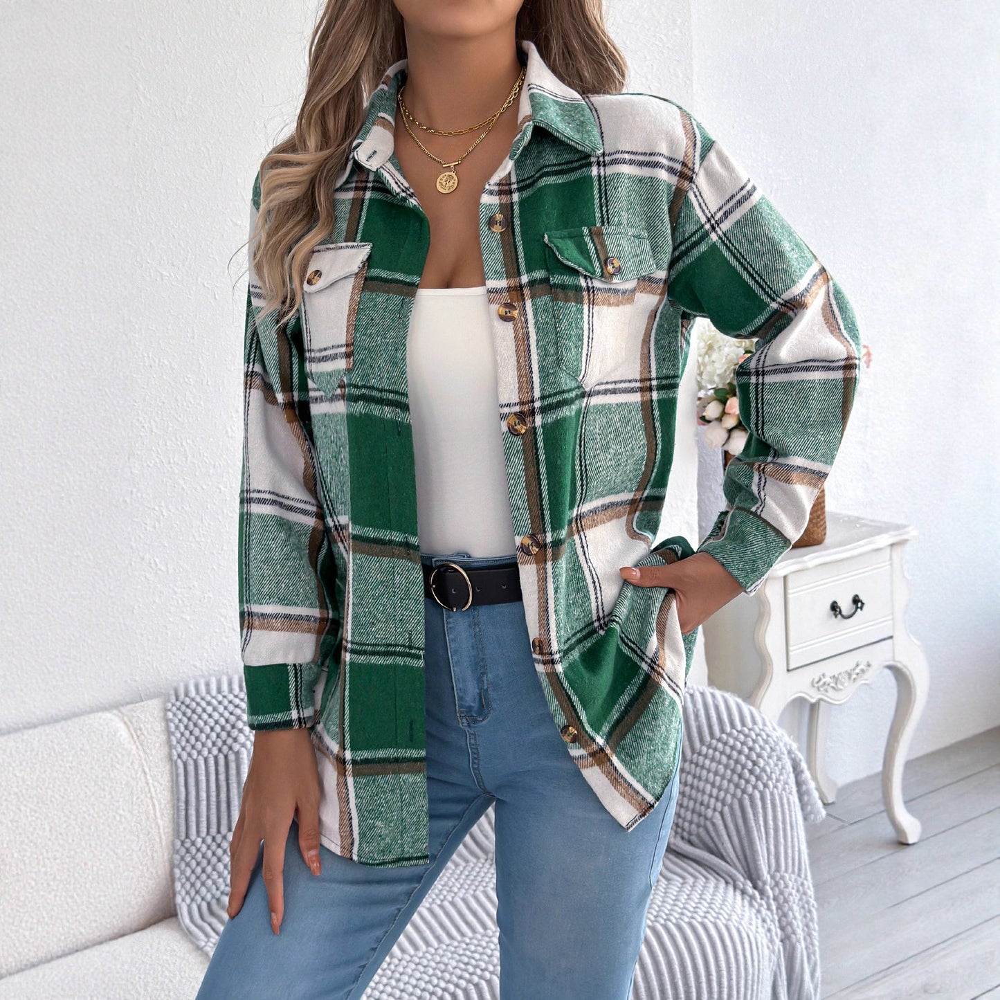 Dames Geruite Overshirt met Zakken en Knopen Casual Stijl