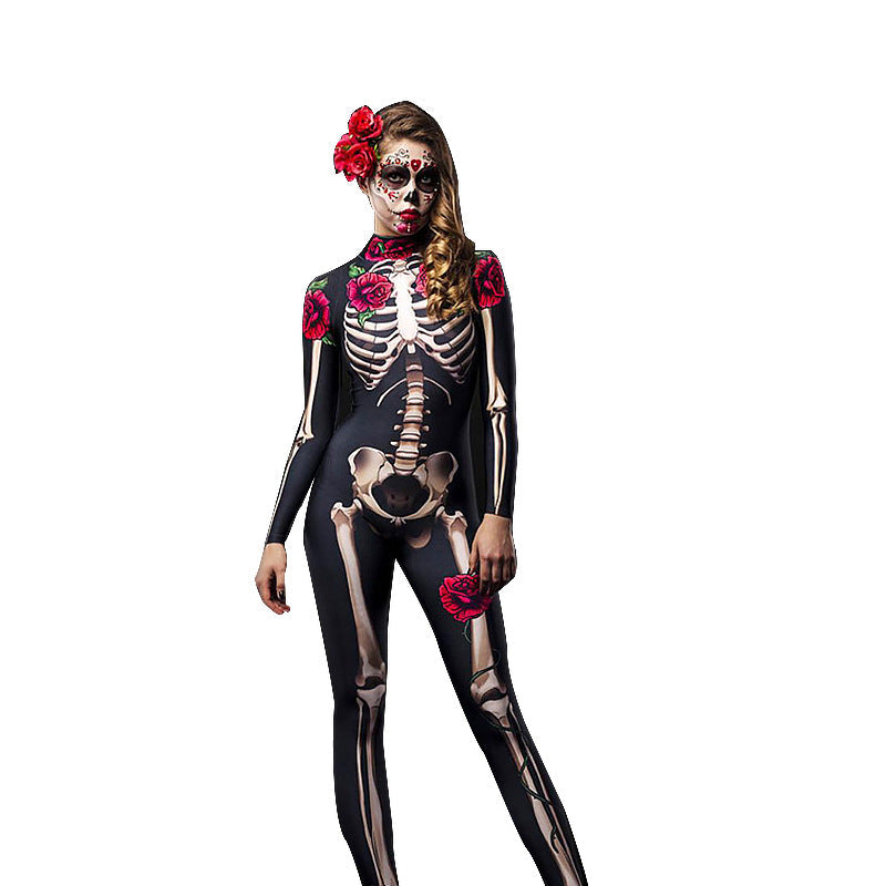 Dames Halloween Catsuit Skelet en Rozen Kostuum