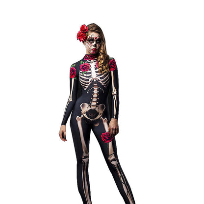 Dames Halloween Catsuit Skelet en Rozen Kostuum