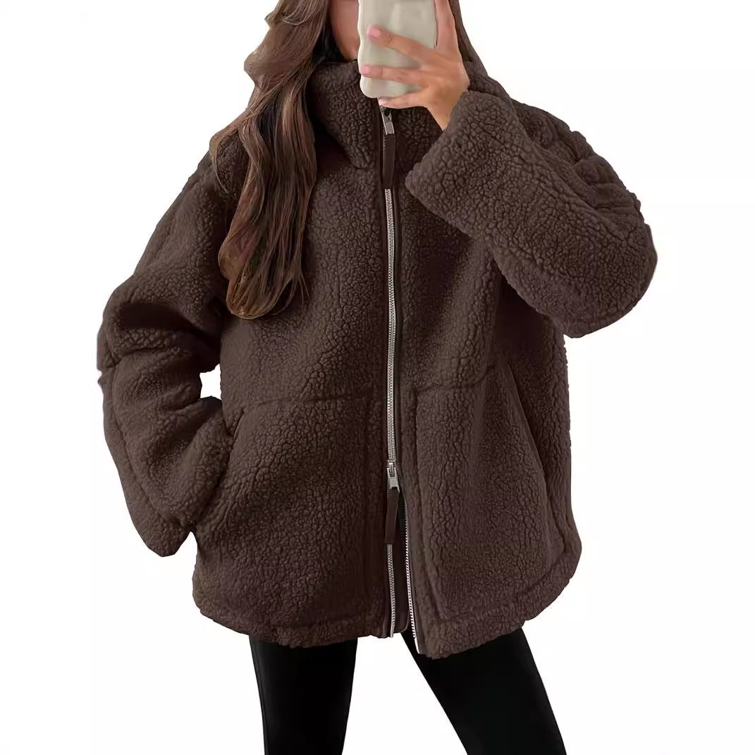 Dames Fleece Jas Warm en Stijlvol met Hoge Kraag en Zakken