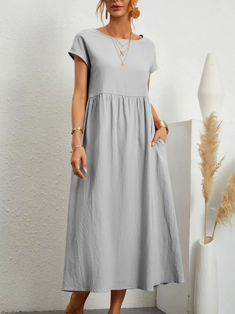 VELANORA Elegante zwarte linnen jurk met o-hals
