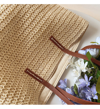Leren Tote Tas Riet Geweven Zomerse Shopper