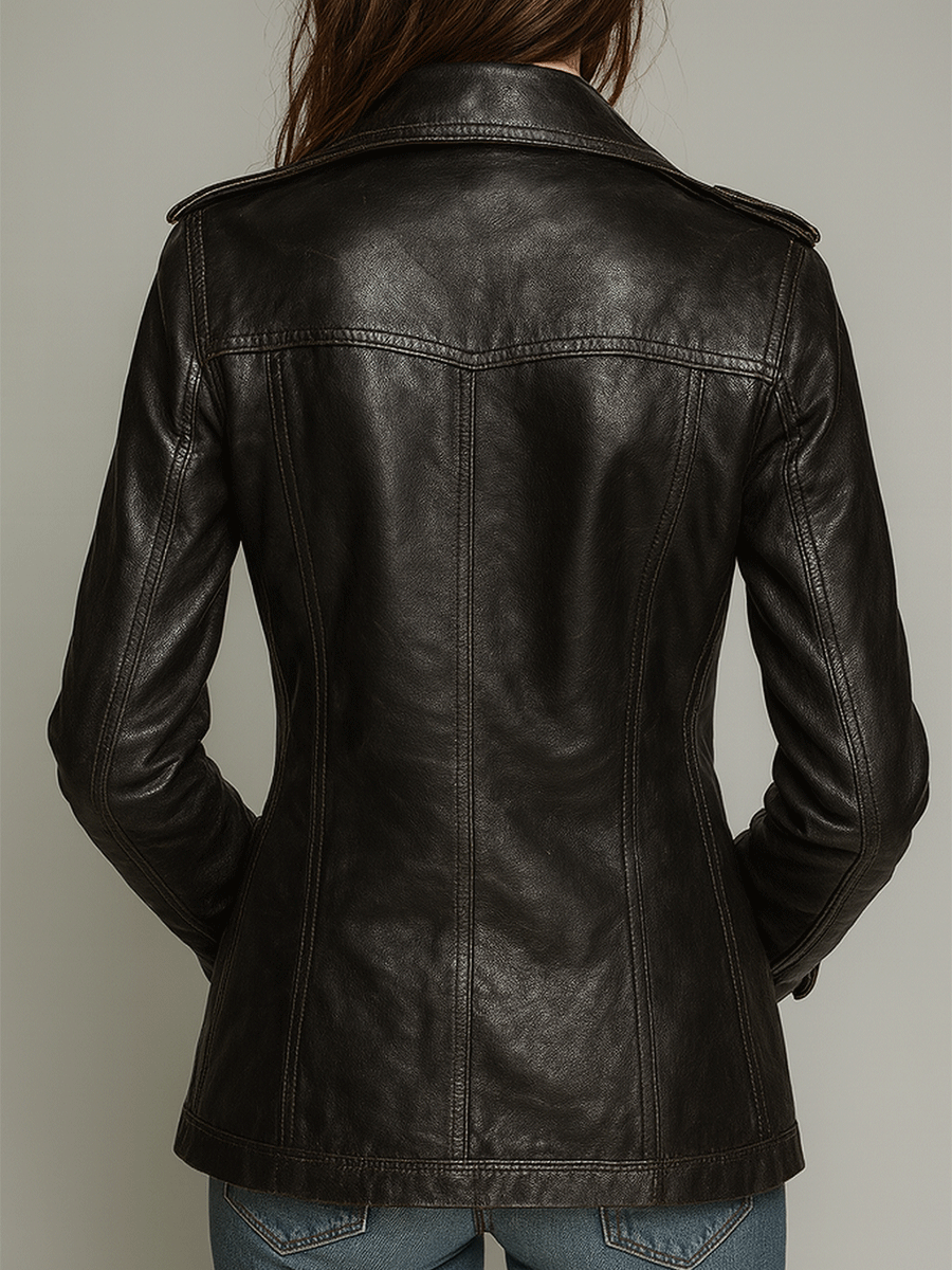 Dames Double-Breasted Imitatie Leren Jas – Vintage Stijl
