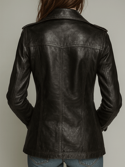 Dames Double-Breasted Imitatie Leren Jas – Vintage Stijl
