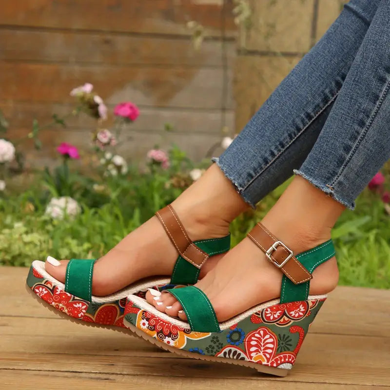 Dames Sandalen met Sleehak en Bloemenprint