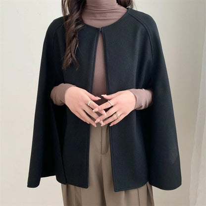 Dames Wollen Cape Jas Stijlvol Elegante Zwart
