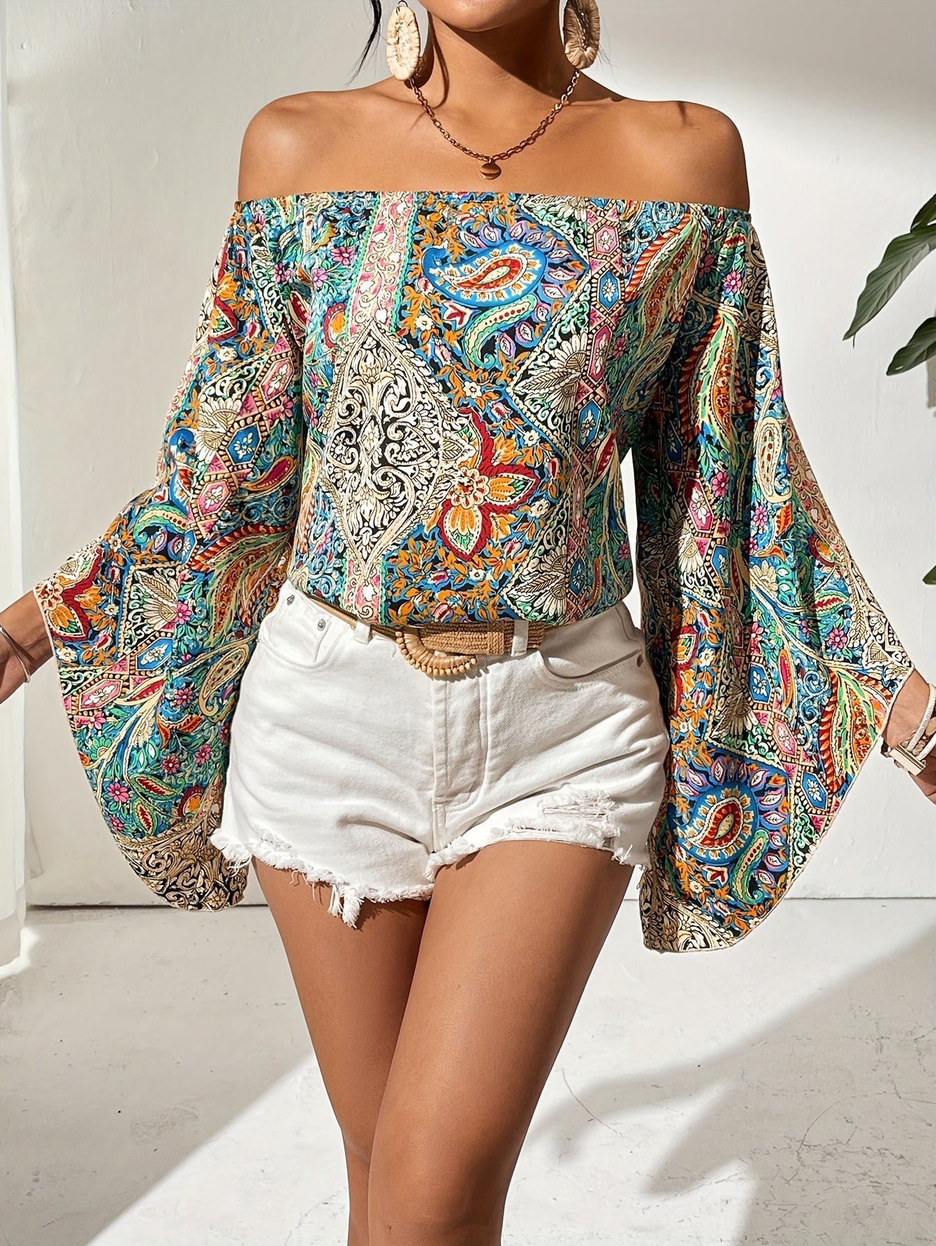 Vrouwelijke Blouse Off-Shoulder Geometrische Print - Mode Vibes