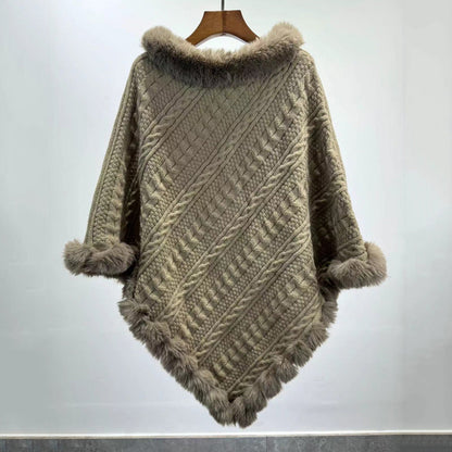 Dames Gebreide Sjaal Cape met Kunstbont Kraag