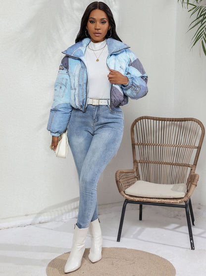 Dames Puffer Jas Warm Met Denim Print