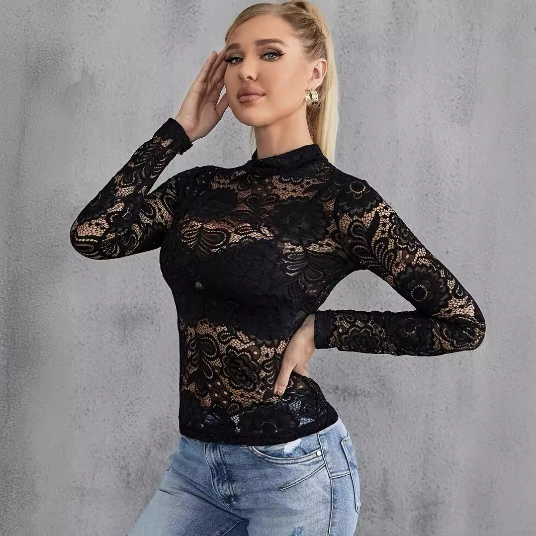 Dames Top met Kanten Details Lange Mouwen Slim Fit