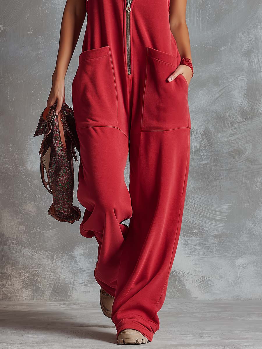 Dames Sportieve Katoenen Jumpsuit met Capuchon en Rits – Framboosrood