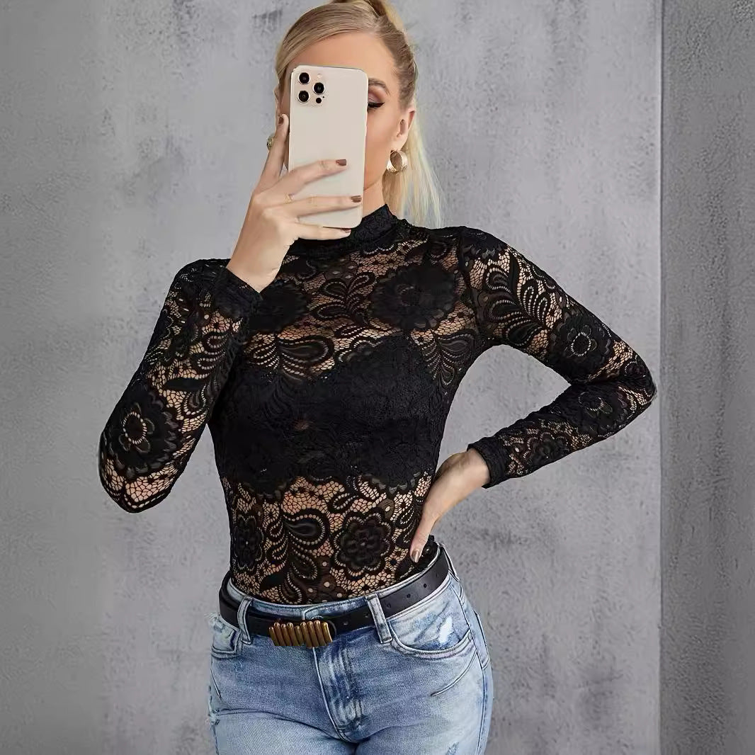 Dames Top met Kanten Details Lange Mouwen Slim Fit