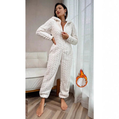 Dames Fleece Onesie met Capuchon en Kabel Patroon Warm en Zacht