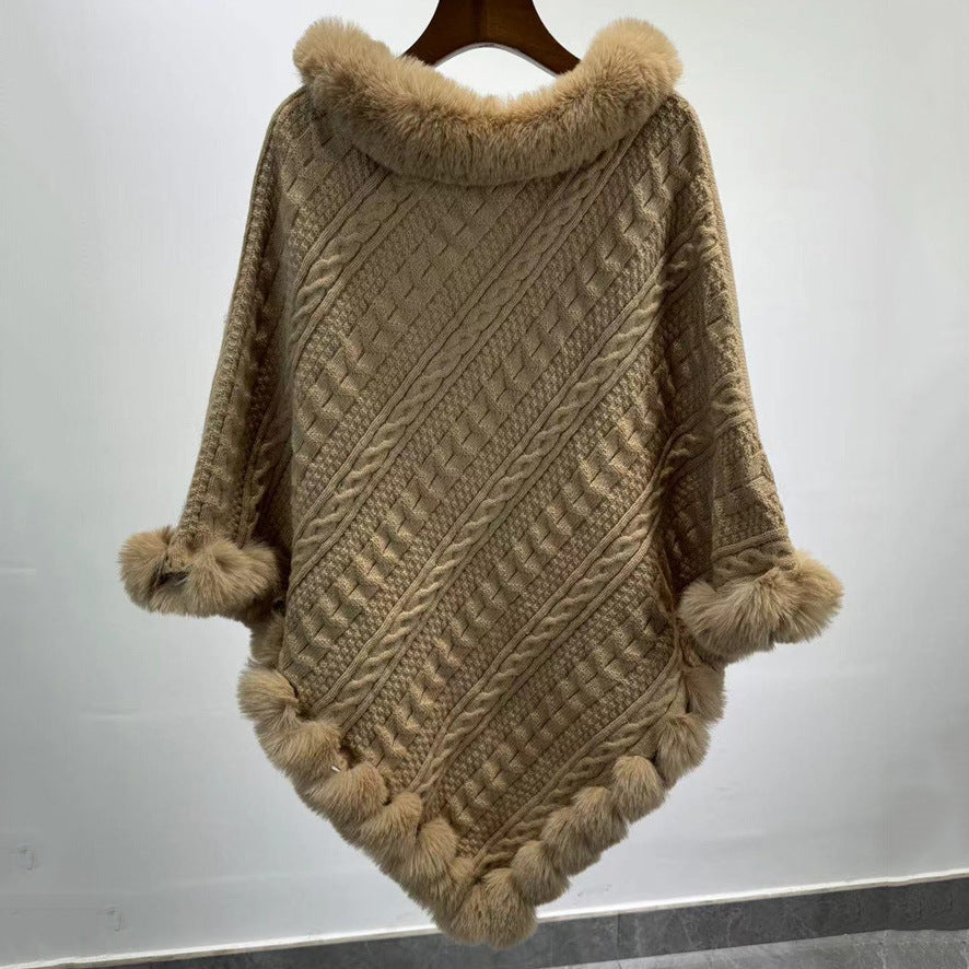 Dames Gebreide Sjaal Cape met Kunstbont Kraag