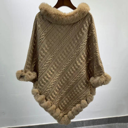 Dames Gebreide Sjaal Cape met Kunstbont Kraag