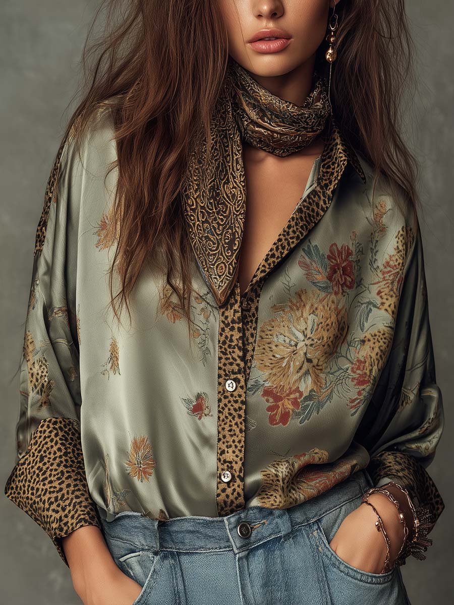 Satijnen Bloemenblouse met Luipaarddetails