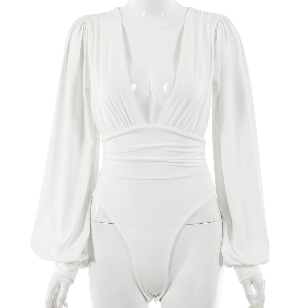 Dames Bodysuit Lange Mouwen Diepe V-hals Zwart Elegant