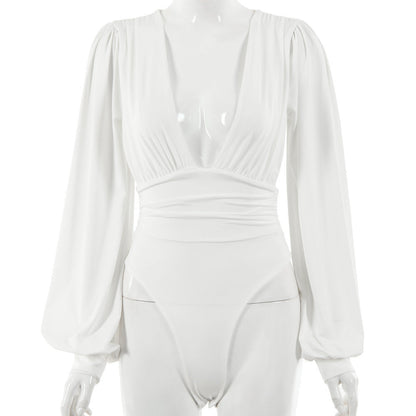 Dames Bodysuit Lange Mouwen Diepe V-hals Zwart Elegant
