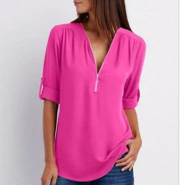 Vrouwelijke Blouse met Halve Rits en Elegante Halslijn