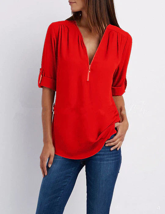 Vrouwelijke Blouse met Halve Rits en Elegante Halslijn - Mode Vibes