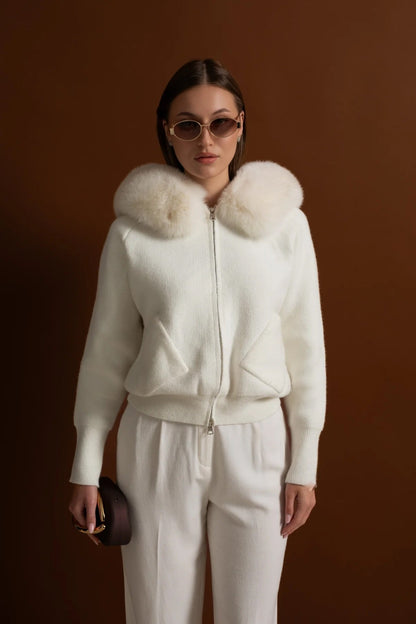Dames Wollen Hoodie met Rits en Bontkraag – Ivoor
