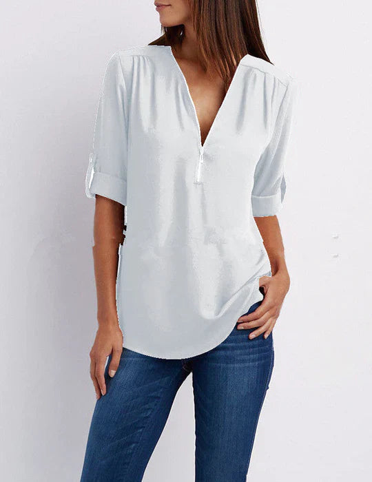 Vrouwelijke Blouse met Halve Rits en Elegante Halslijn