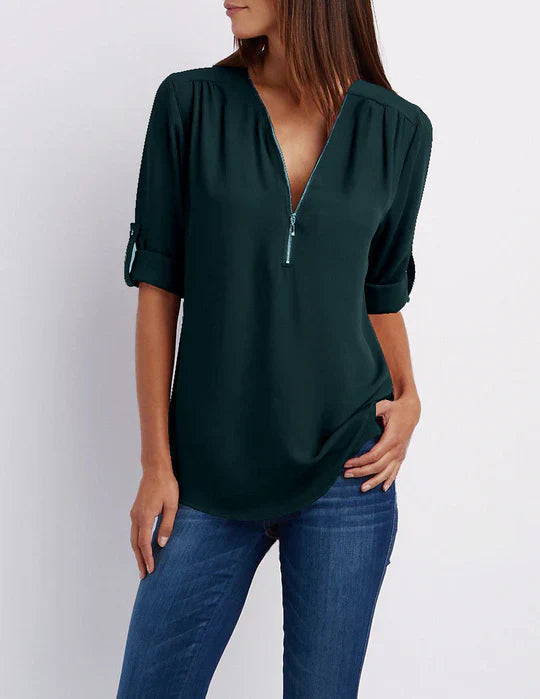 Vrouwelijke Blouse met Halve Rits en Elegante Halslijn