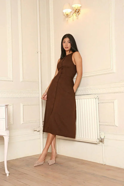 Mouwloze Linnen Jurk Bruin Midi Model Jurk met Knopen