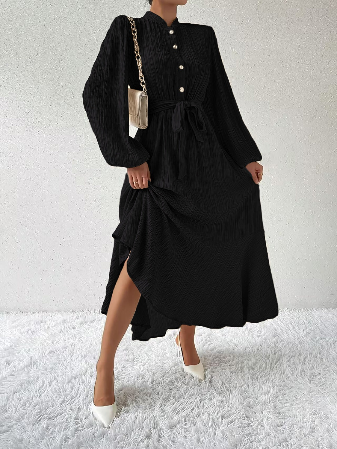Vrouwelijke Jurk met Lange Mouwen en Taille Accent