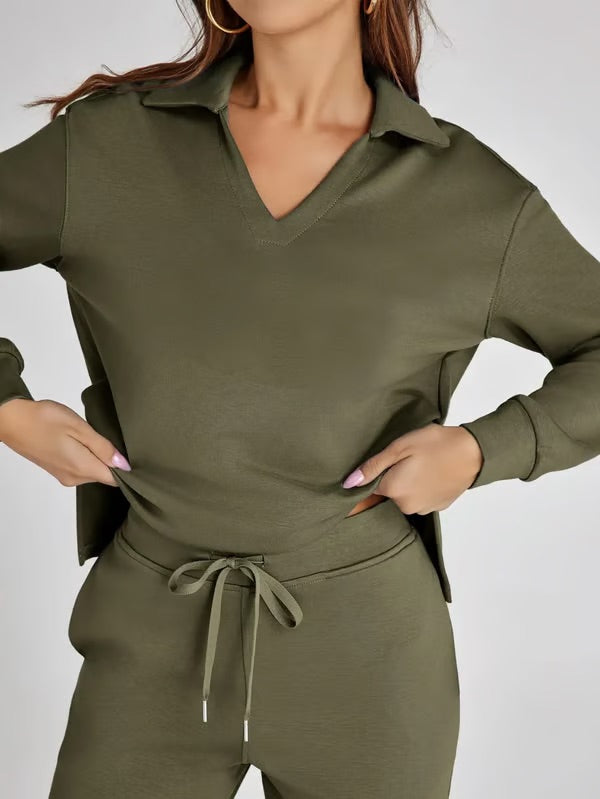 Dames Tweedelige Set met V-Hals Sweatshirt en Wijde Broek – Comfortabel & Stijlvol – Voor Herfst/Winter