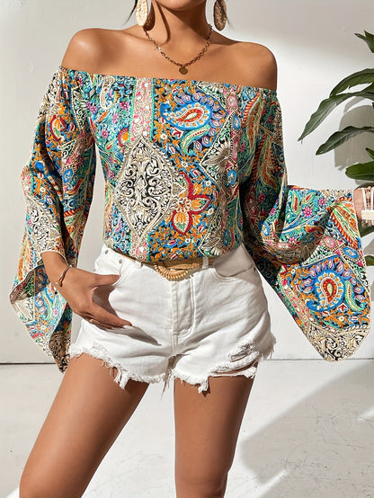 Vrouwelijke Blouse Off-Shoulder Geometrische Print