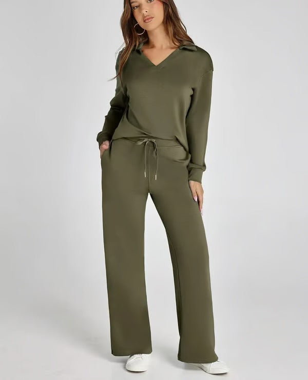 Dames Tweedelige Set met V-Hals Sweater en Wijde Broek – Comfort voor Herfst & Winter