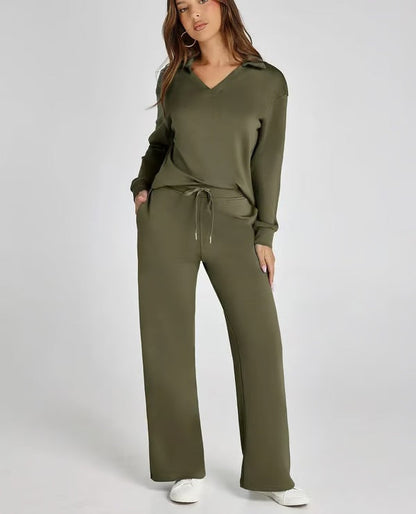 Dames Tweedelige Set met V-Hals Sweatshirt en Wijde Broek – Comfortabel & Stijlvol – Voor Herfst/Winter