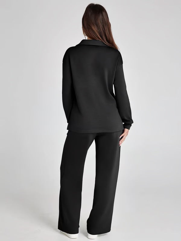 Dames Tweedelige Set met V-Hals Sweatshirt en Wijde Broek – Comfortabel & Stijlvol – Voor Herfst/Winter